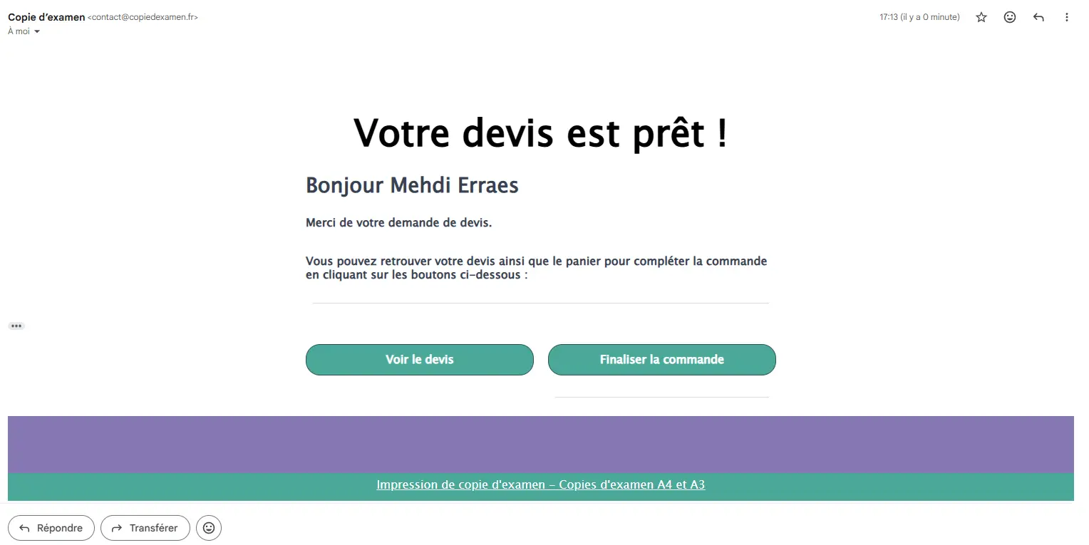 Exemple d'email HTML professionnel envoyé au client avec le devis en pièce jointe